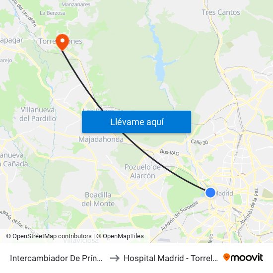 Intercambiador De Príncipe Pío to Hospital Madrid - Torrelodones map