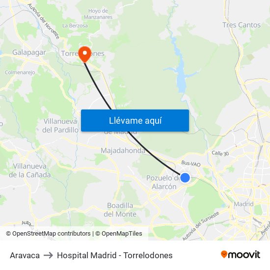Aravaca to Hospital Madrid - Torrelodones map