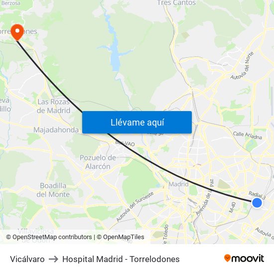 Vicálvaro to Hospital Madrid - Torrelodones map