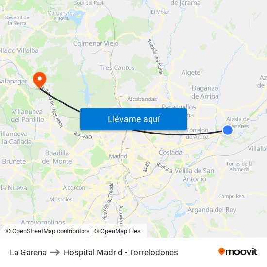 La Garena to Hospital Madrid - Torrelodones map