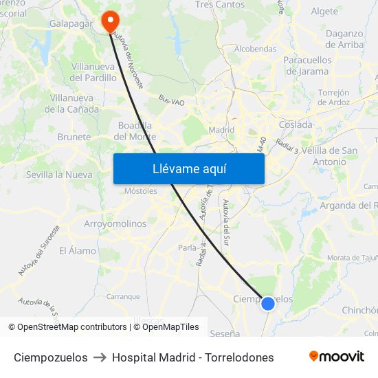 Ciempozuelos to Hospital Madrid - Torrelodones map