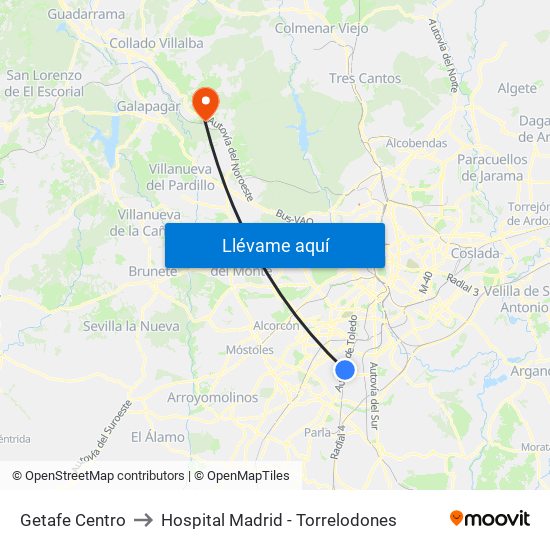 Getafe Centro to Hospital Madrid - Torrelodones map