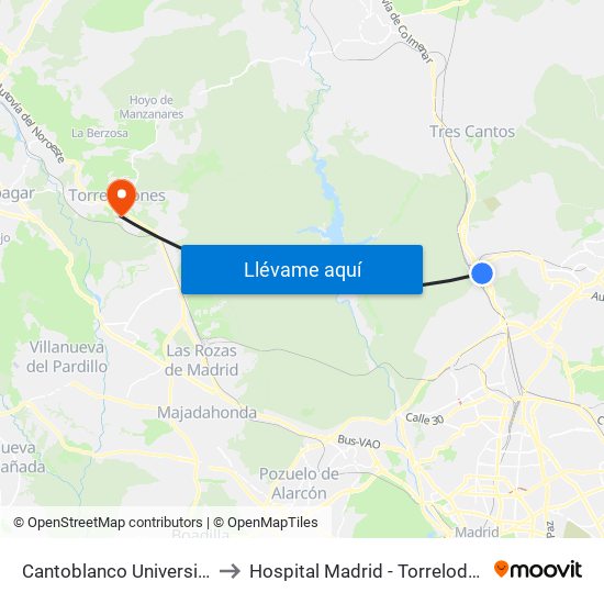 Cantoblanco Universidad to Hospital Madrid - Torrelodones map