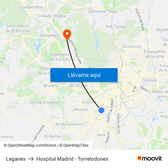 Leganés to Hospital Madrid - Torrelodones map