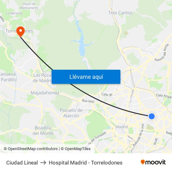Ciudad Lineal to Hospital Madrid - Torrelodones map