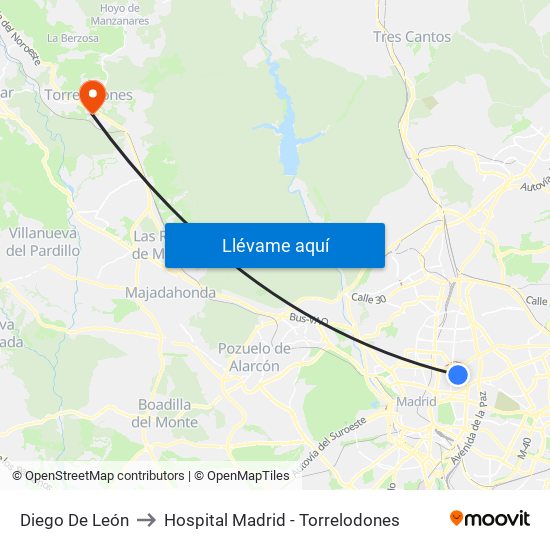 Diego De León to Hospital Madrid - Torrelodones map