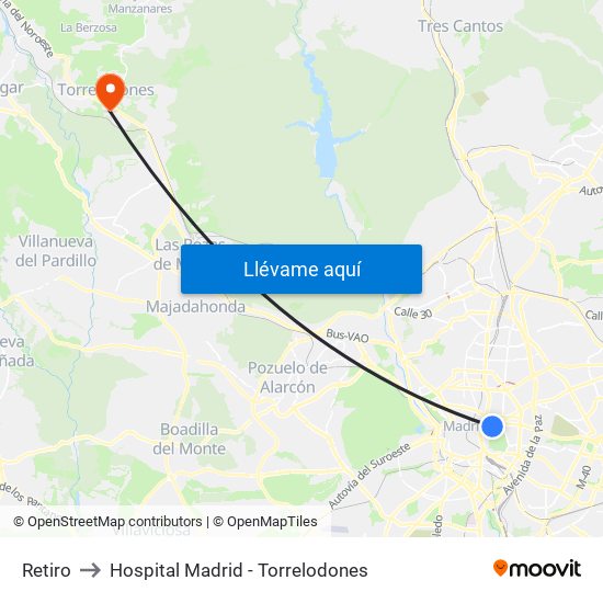 Retiro to Hospital Madrid - Torrelodones map