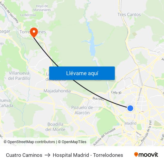 Cuatro Caminos to Hospital Madrid - Torrelodones map