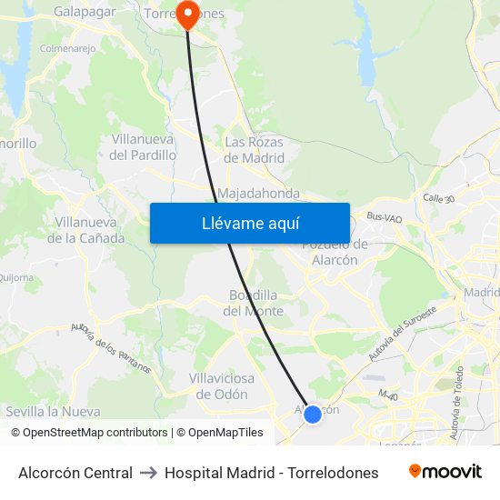 Alcorcón Central to Hospital Madrid - Torrelodones map