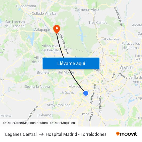 Leganés Central to Hospital Madrid - Torrelodones map