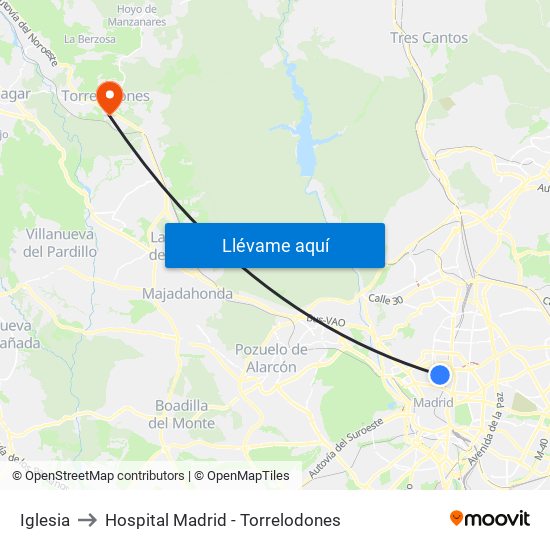 Iglesia to Hospital Madrid - Torrelodones map