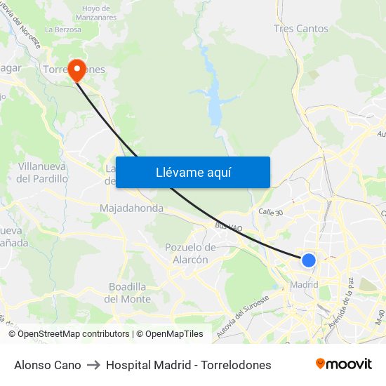 Alonso Cano to Hospital Madrid - Torrelodones map