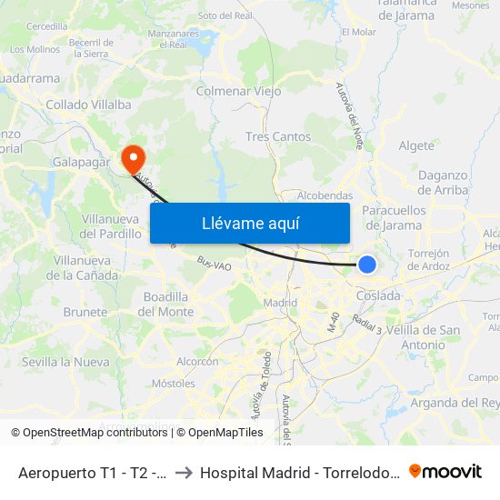 Aeropuerto T1 - T2 - T3 to Hospital Madrid - Torrelodones map