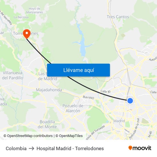 Colombia to Hospital Madrid - Torrelodones map