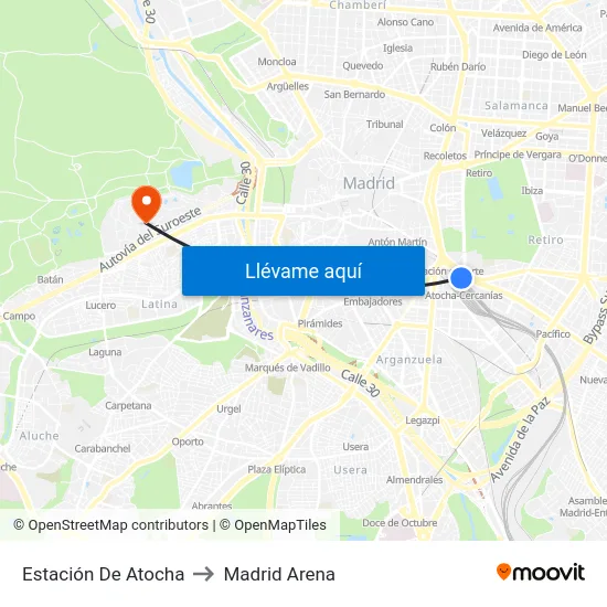 Estación De Atocha to Madrid Arena map
