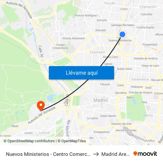 Nuevos Ministerios - Centro Comercial to Madrid Arena map