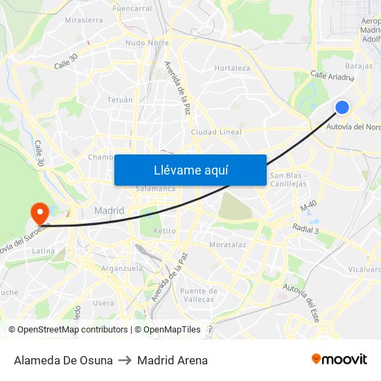 Alameda De Osuna to Madrid Arena map