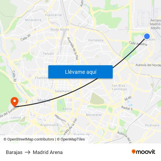 Barajas to Madrid Arena map