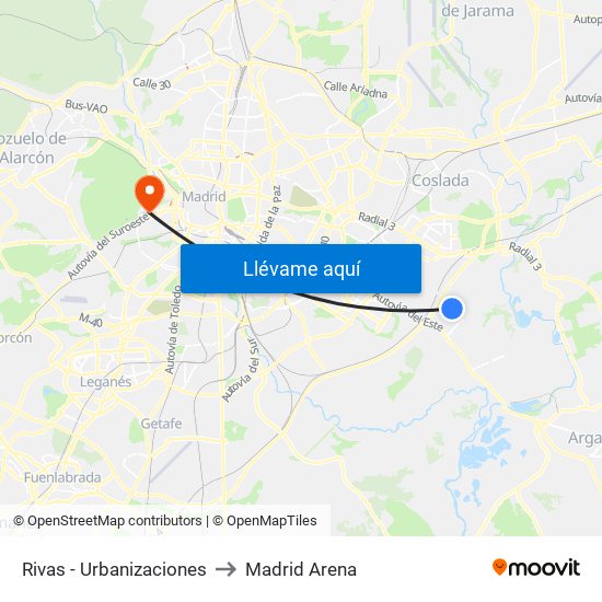 Rivas - Urbanizaciones to Madrid Arena map