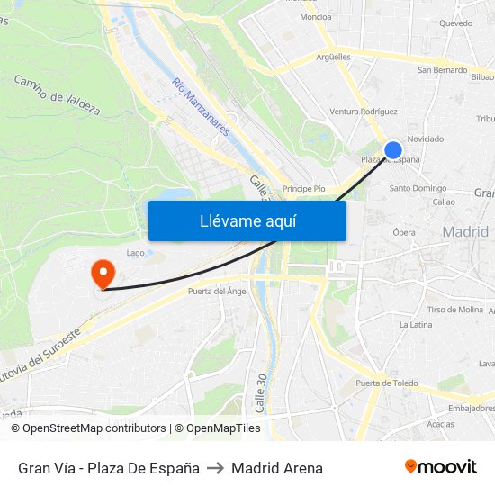 Gran Vía - Plaza De España to Madrid Arena map