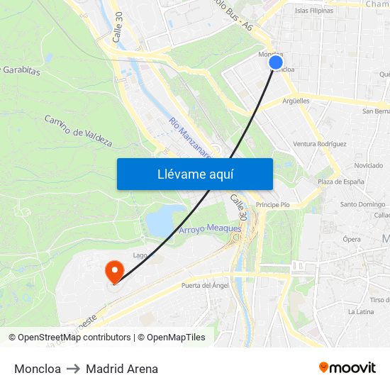 Moncloa to Madrid Arena map