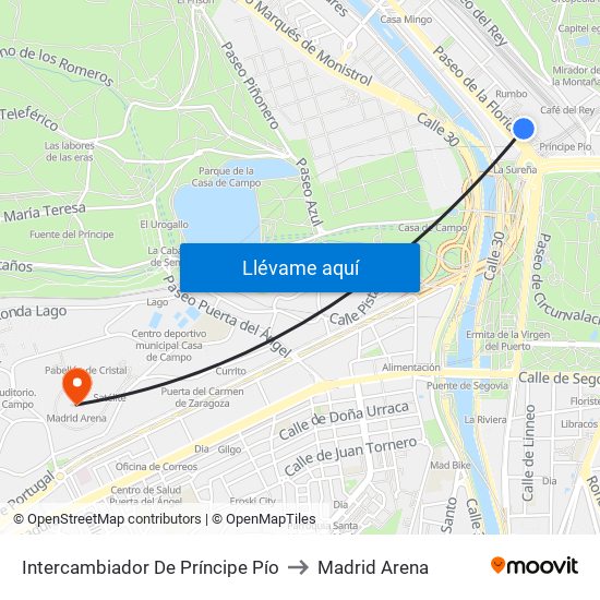 Intercambiador De Príncipe Pío to Madrid Arena map