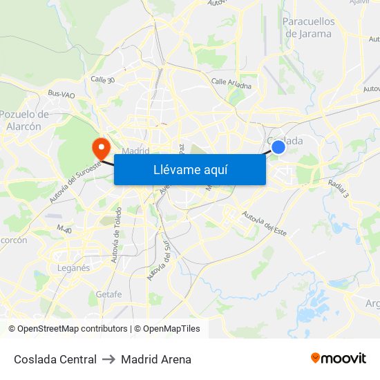 Coslada Central to Madrid Arena map