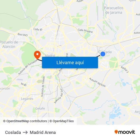 Coslada to Madrid Arena map