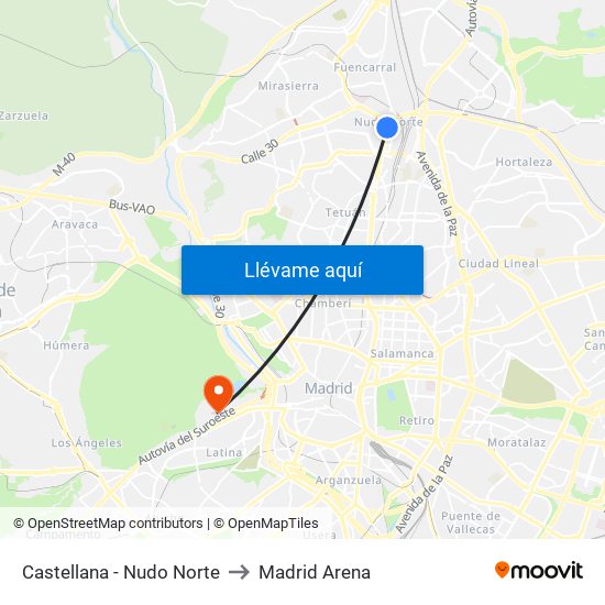 Castellana - Nudo Norte to Madrid Arena map