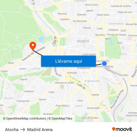 Atocha to Madrid Arena map