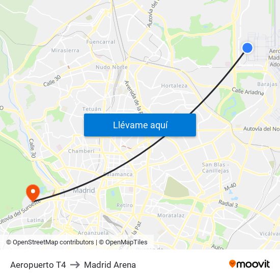 Aeropuerto T4 to Madrid Arena map