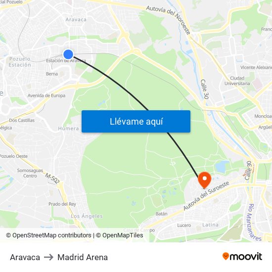 Aravaca to Madrid Arena map