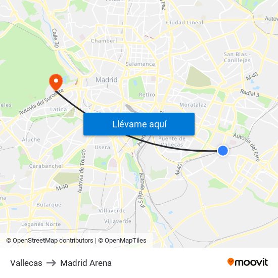 Vallecas to Madrid Arena map