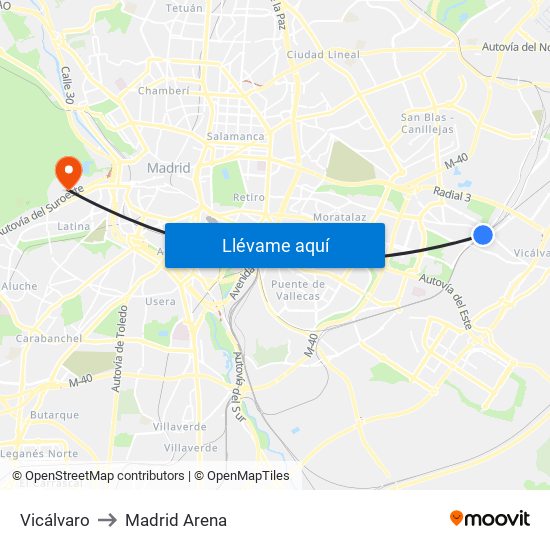 Vicálvaro to Madrid Arena map