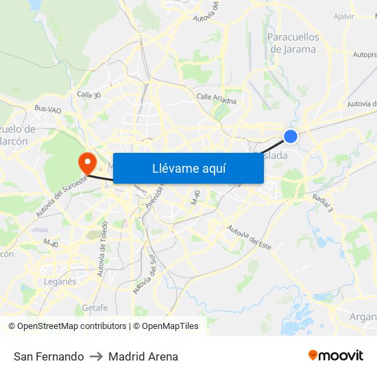 San Fernando to Madrid Arena map