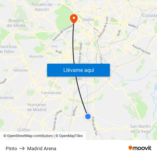 Pinto to Madrid Arena map