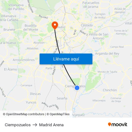 Ciempozuelos to Madrid Arena map
