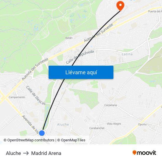 Aluche to Madrid Arena map