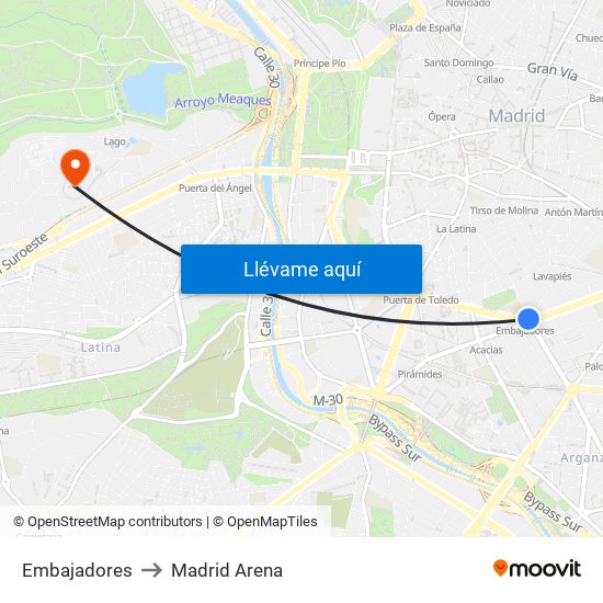 Embajadores to Madrid Arena map