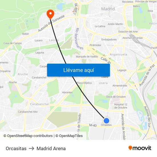 Orcasitas to Madrid Arena map