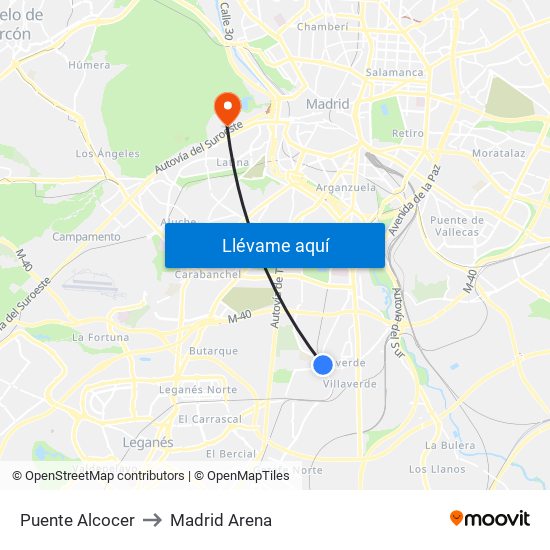 Puente Alcocer to Madrid Arena map