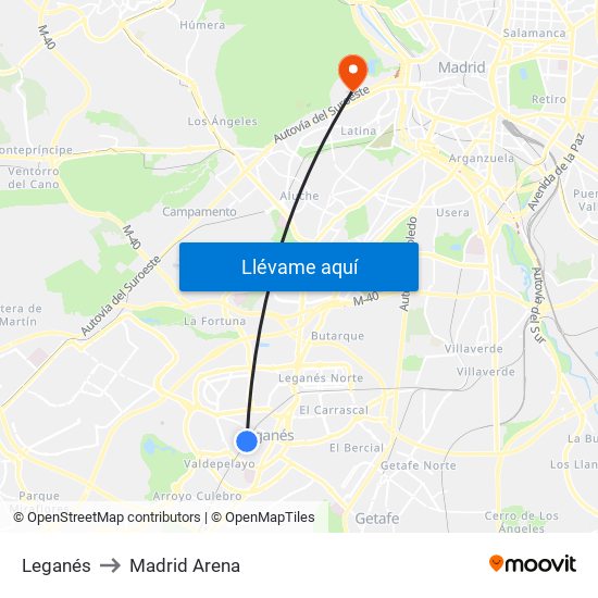 Leganés to Madrid Arena map