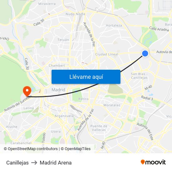 Canillejas to Madrid Arena map