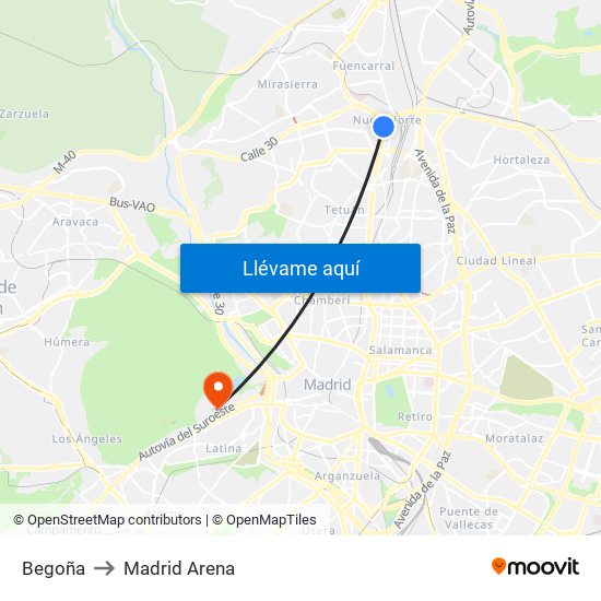 Begoña to Madrid Arena map