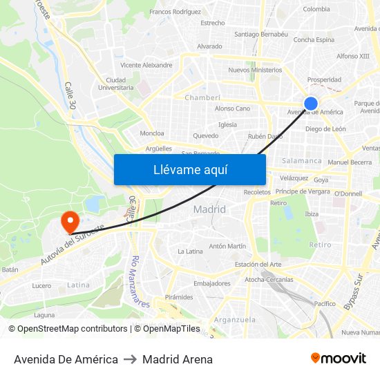 Avenida De América to Madrid Arena map
