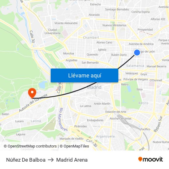 Núñez De Balboa to Madrid Arena map