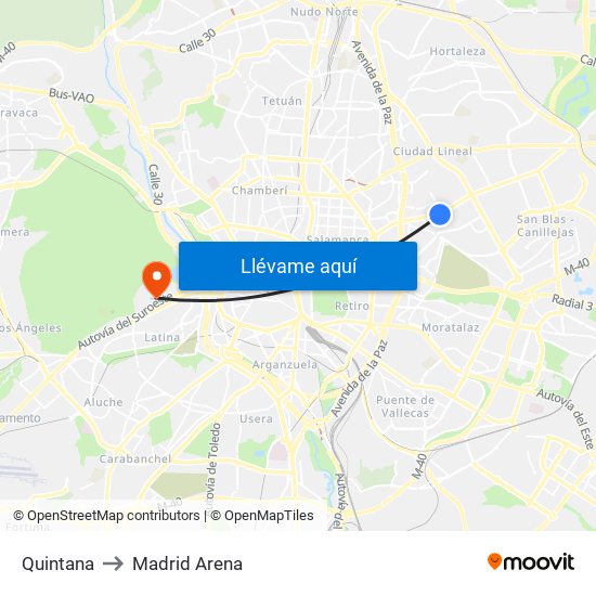 Quintana to Madrid Arena map