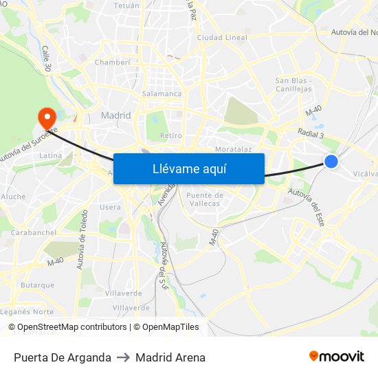 Puerta De Arganda to Madrid Arena map