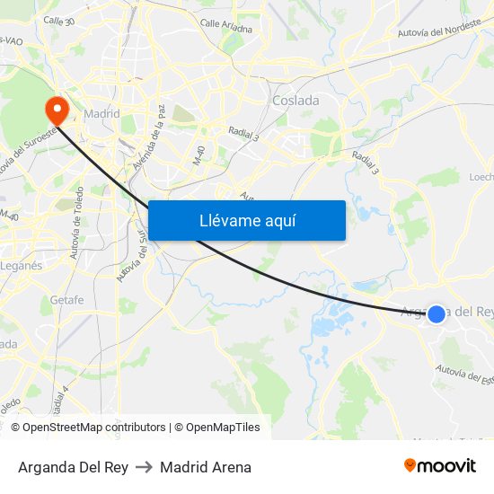 Arganda Del Rey to Madrid Arena map