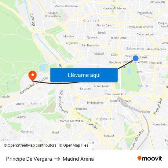 Príncipe De Vergara to Madrid Arena map